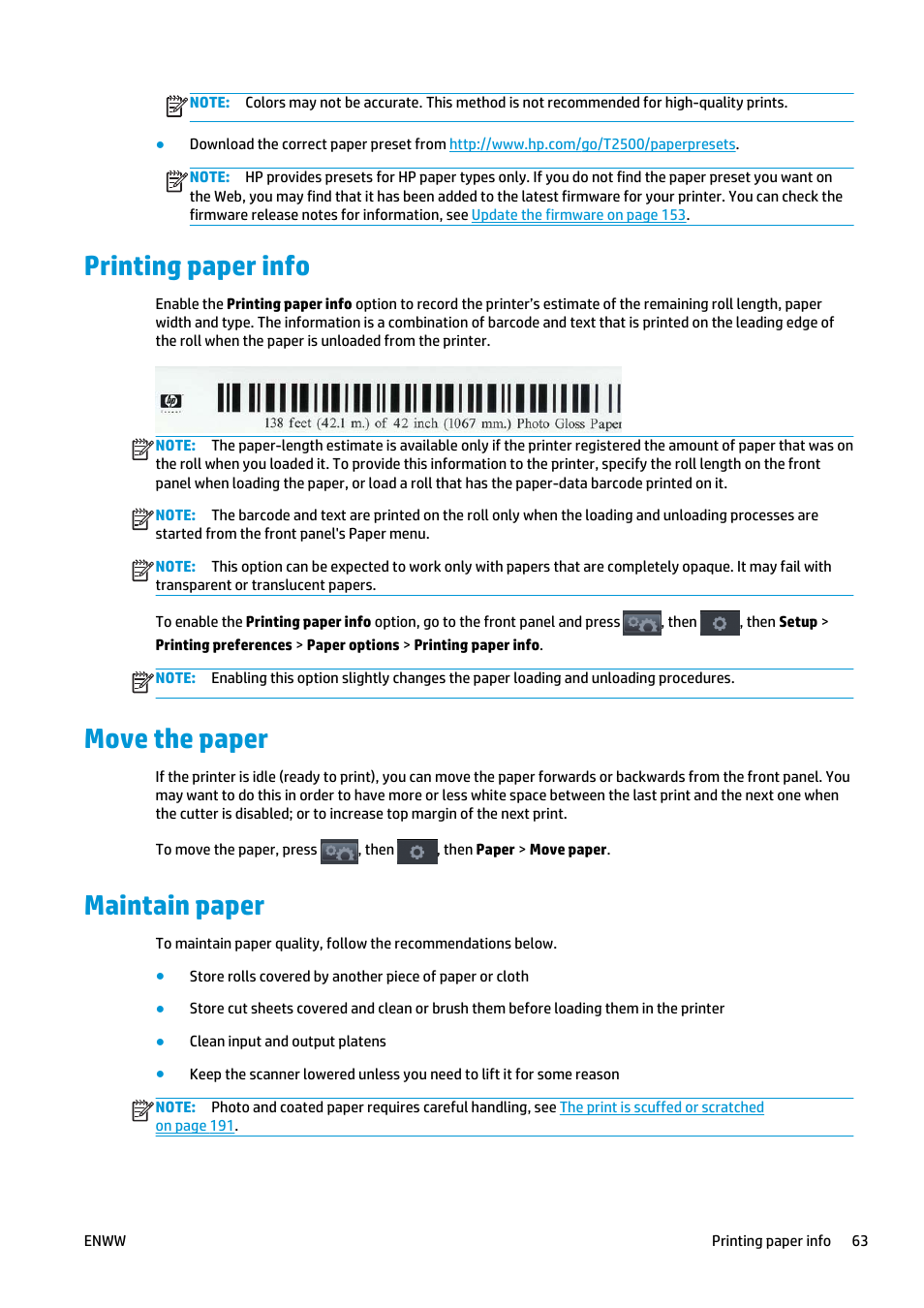 Printing paper info, Move the paper, Maintain paper | Printing paper info move the paper maintain paper, Othe | HP Designjet T2500 eMultifunction Printer series User Manual | Page 73 / 263