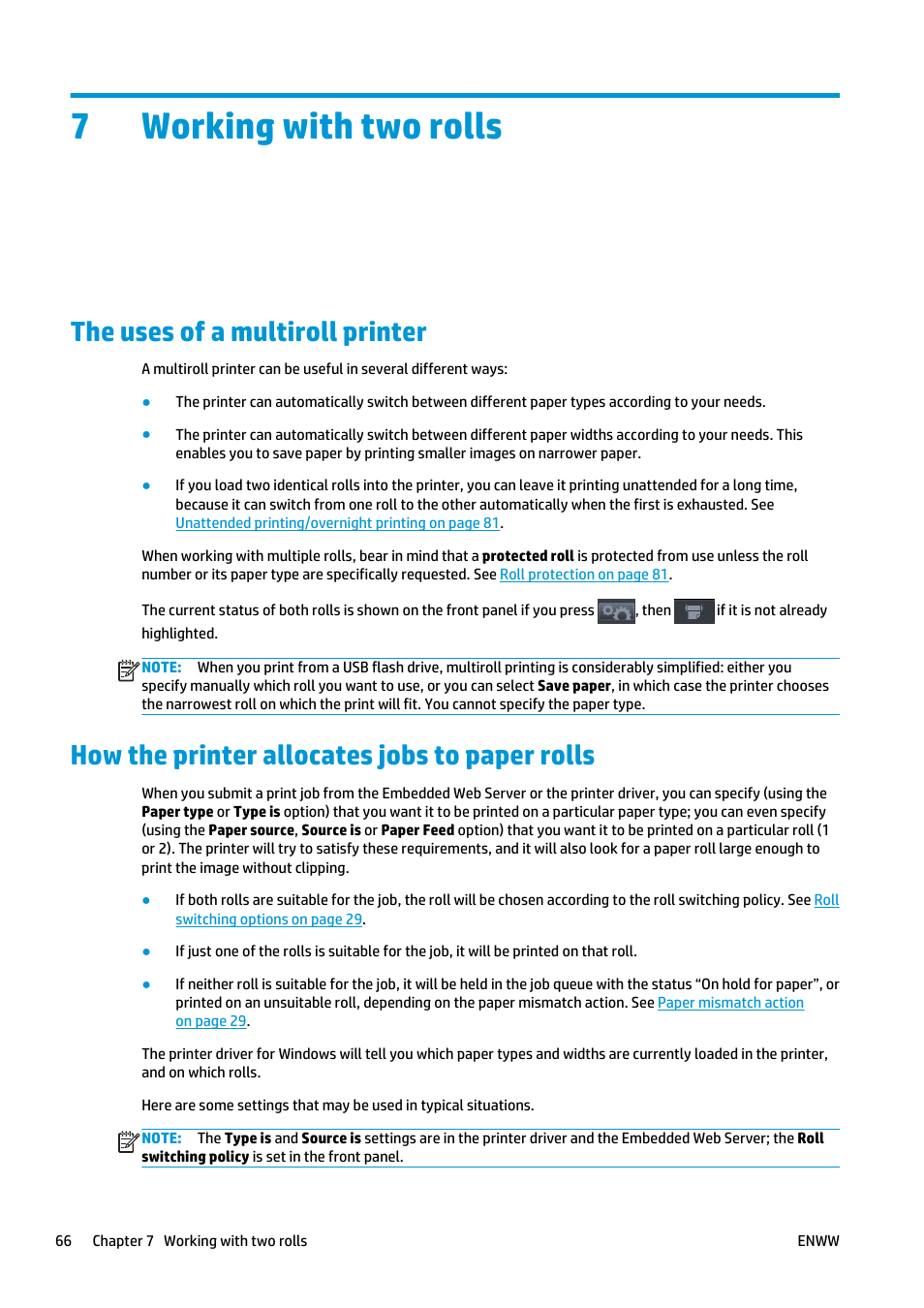 Working with two rolls, The uses of a multiroll printer, How the printer allocates jobs to paper rolls | 7 working with two rolls, 7working with two rolls | HP Designjet T2500 eMultifunction Printer series User Manual | Page 76 / 263