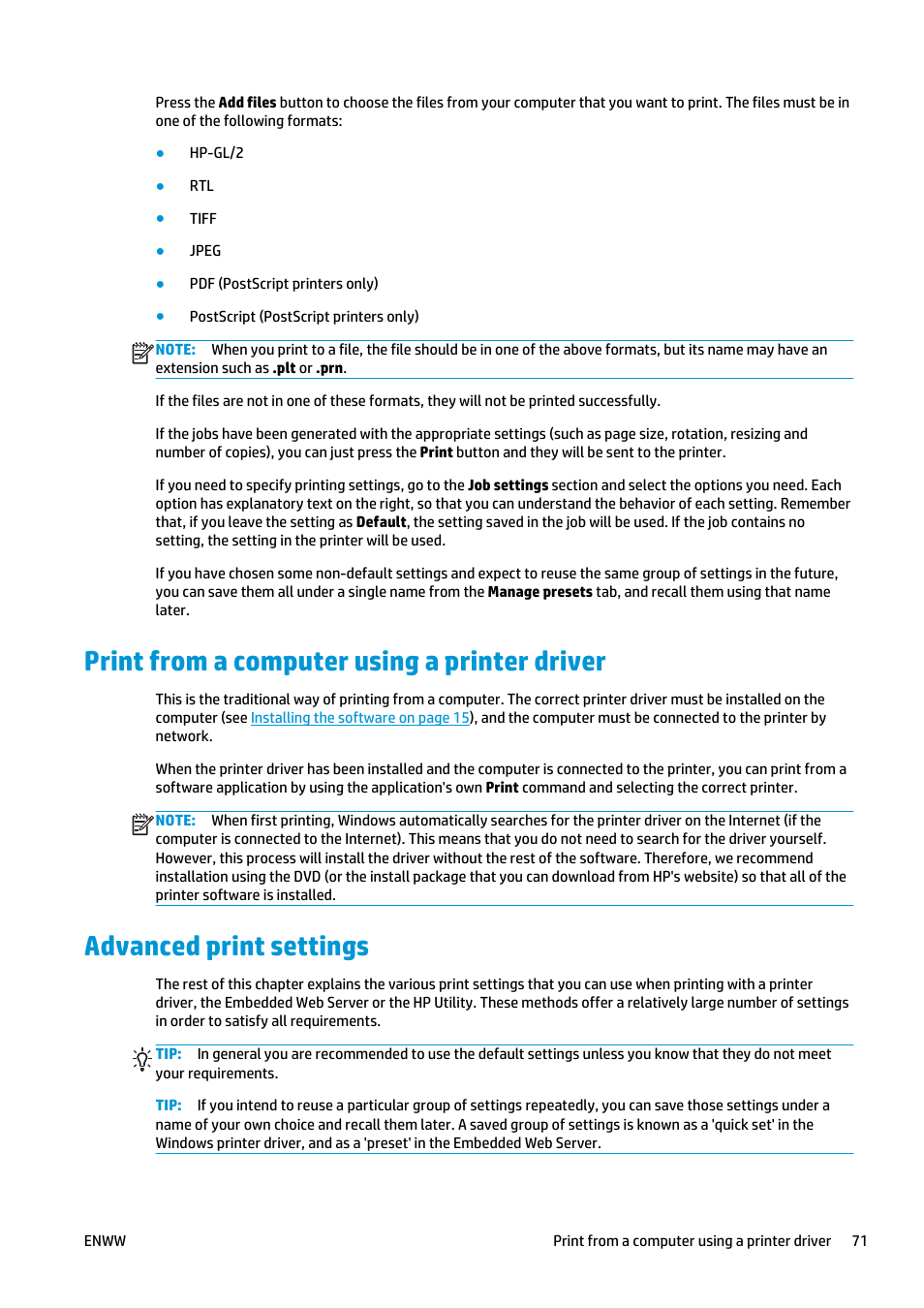 Print from a computer using a printer driver, Advanced print settings, Print from a computer using a | HP Designjet T2500 eMultifunction Printer series User Manual | Page 81 / 263