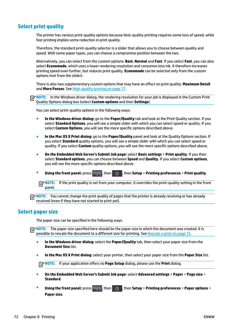 Select print quality, Select paper size | HP Designjet T2500 eMultifunction Printer series User Manual | Page 82 / 263