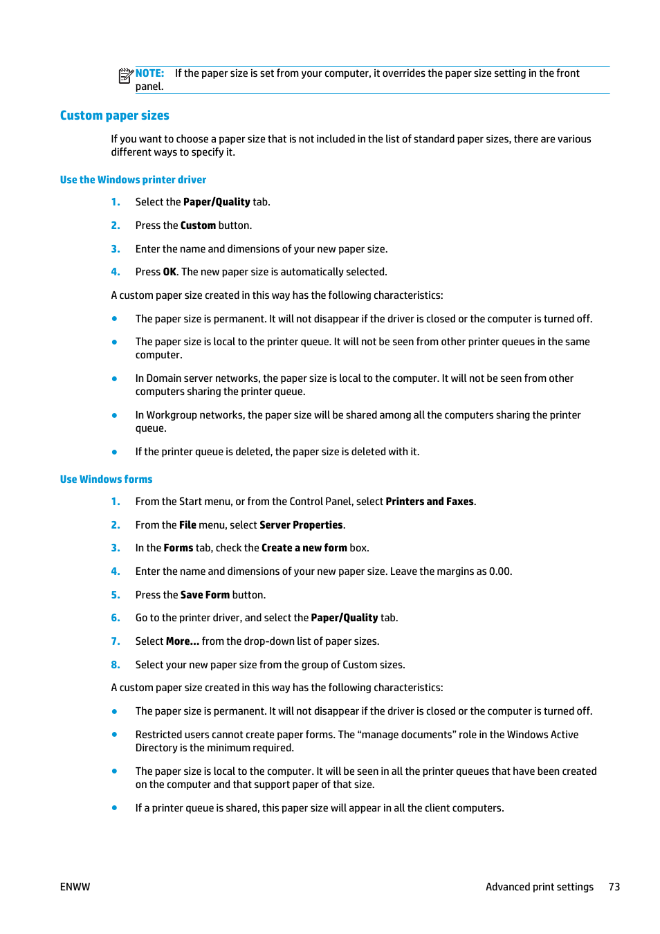 Custom paper sizes | HP Designjet T2500 eMultifunction Printer series User Manual | Page 83 / 263