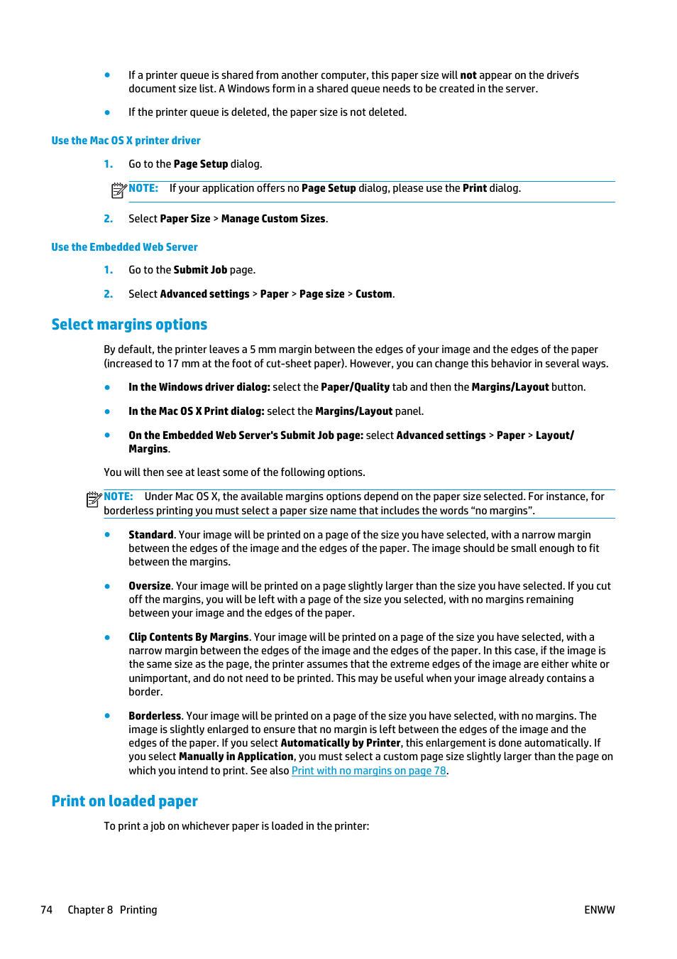 Select margins options, Print on loaded paper | HP Designjet T2500 eMultifunction Printer series User Manual | Page 84 / 263