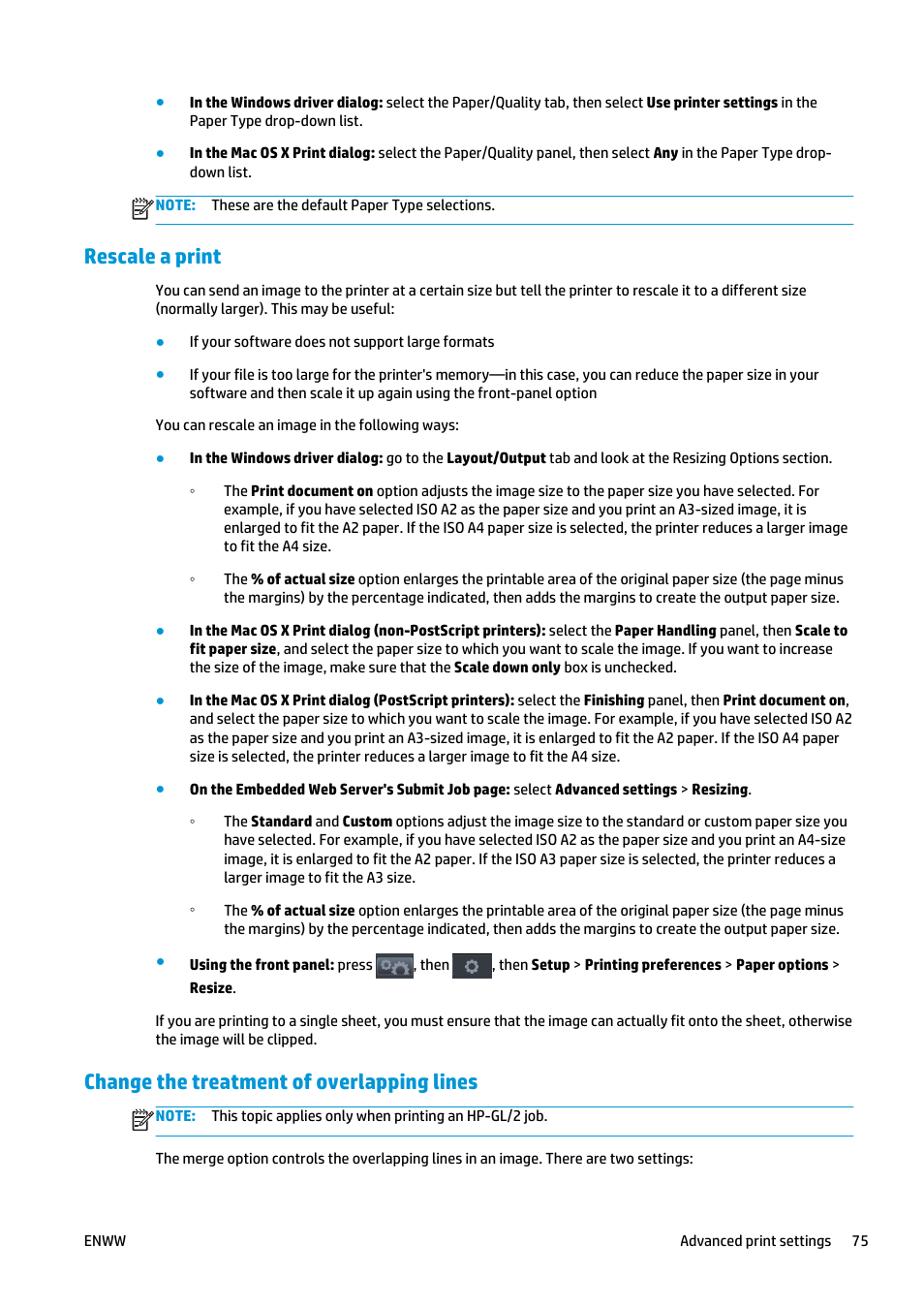 Rescale a print, Change the treatment of overlapping lines | HP Designjet T2500 eMultifunction Printer series User Manual | Page 85 / 263