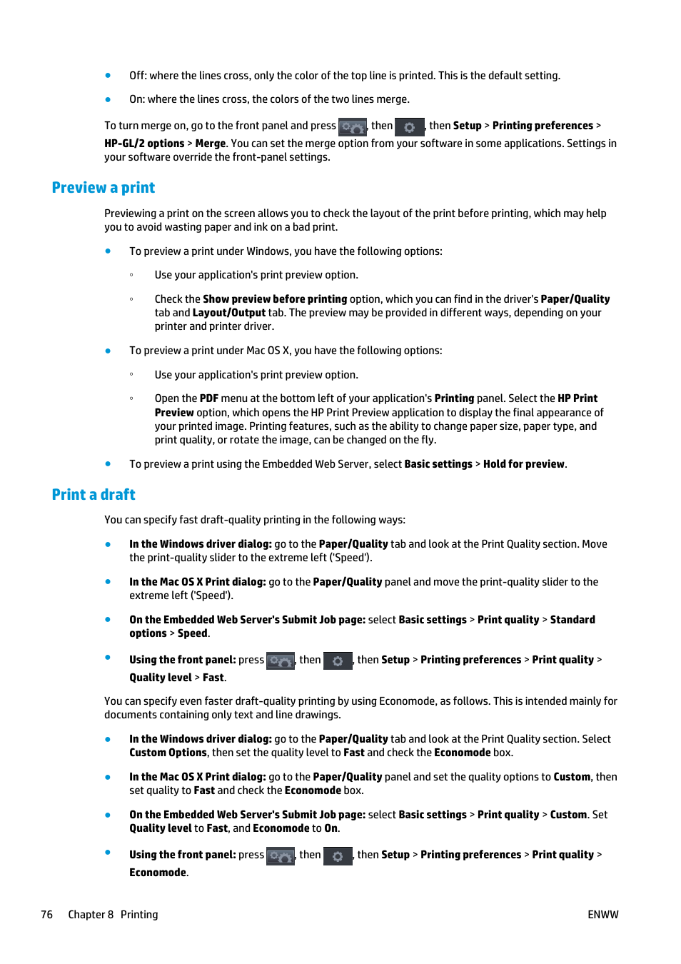 Preview a print, Print a draft | HP Designjet T2500 eMultifunction Printer series User Manual | Page 86 / 263