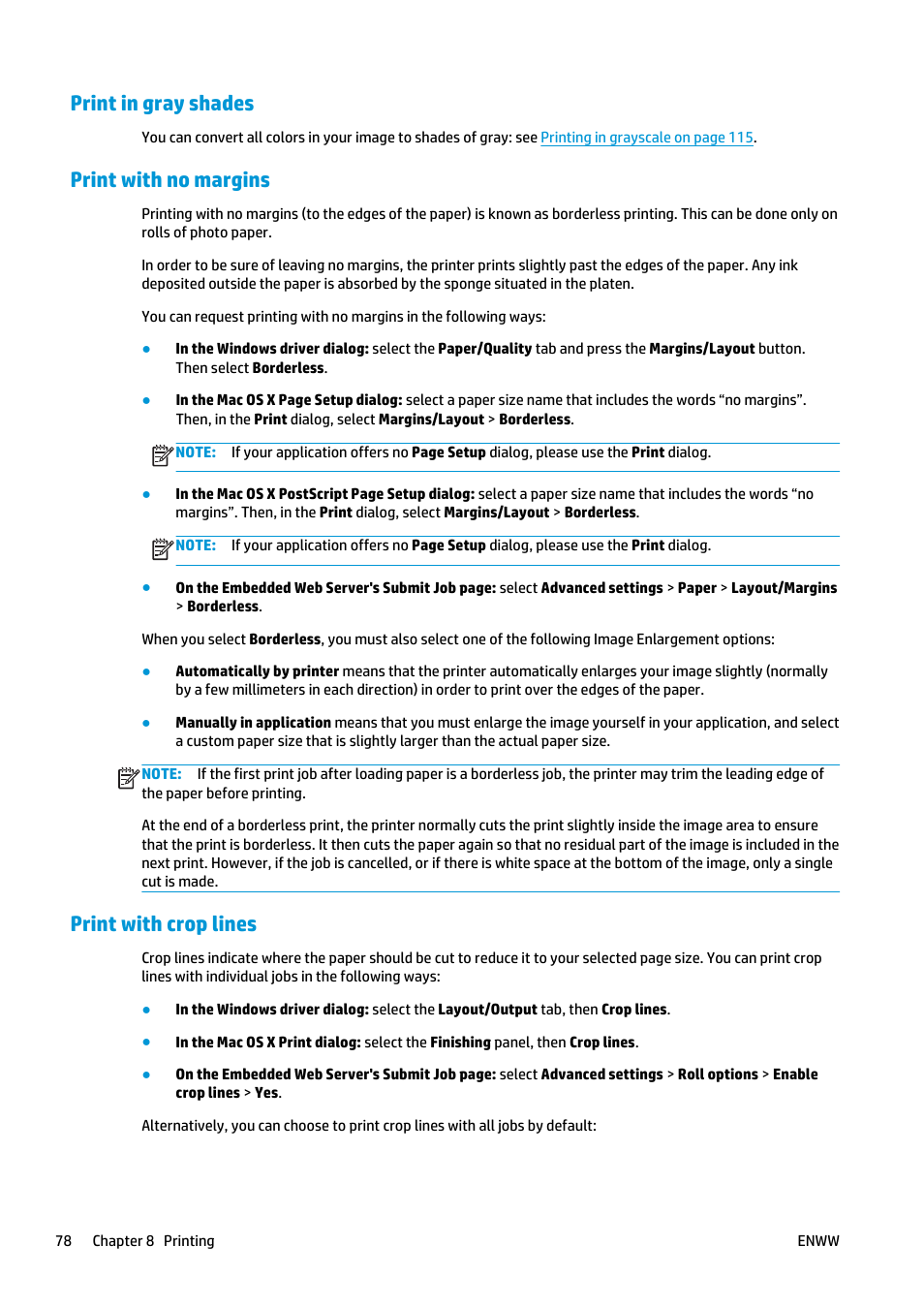 Print in gray shades, Print with no margins, Print with crop lines | HP Designjet T2500 eMultifunction Printer series User Manual | Page 88 / 263