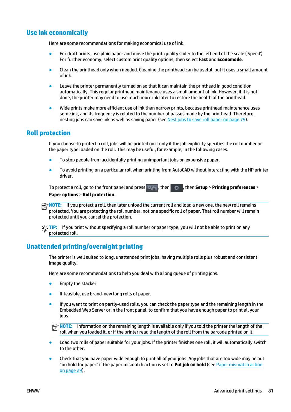 Use ink economically, Roll protection, Unattended printing/overnight printing | HP Designjet T2500 eMultifunction Printer series User Manual | Page 91 / 263