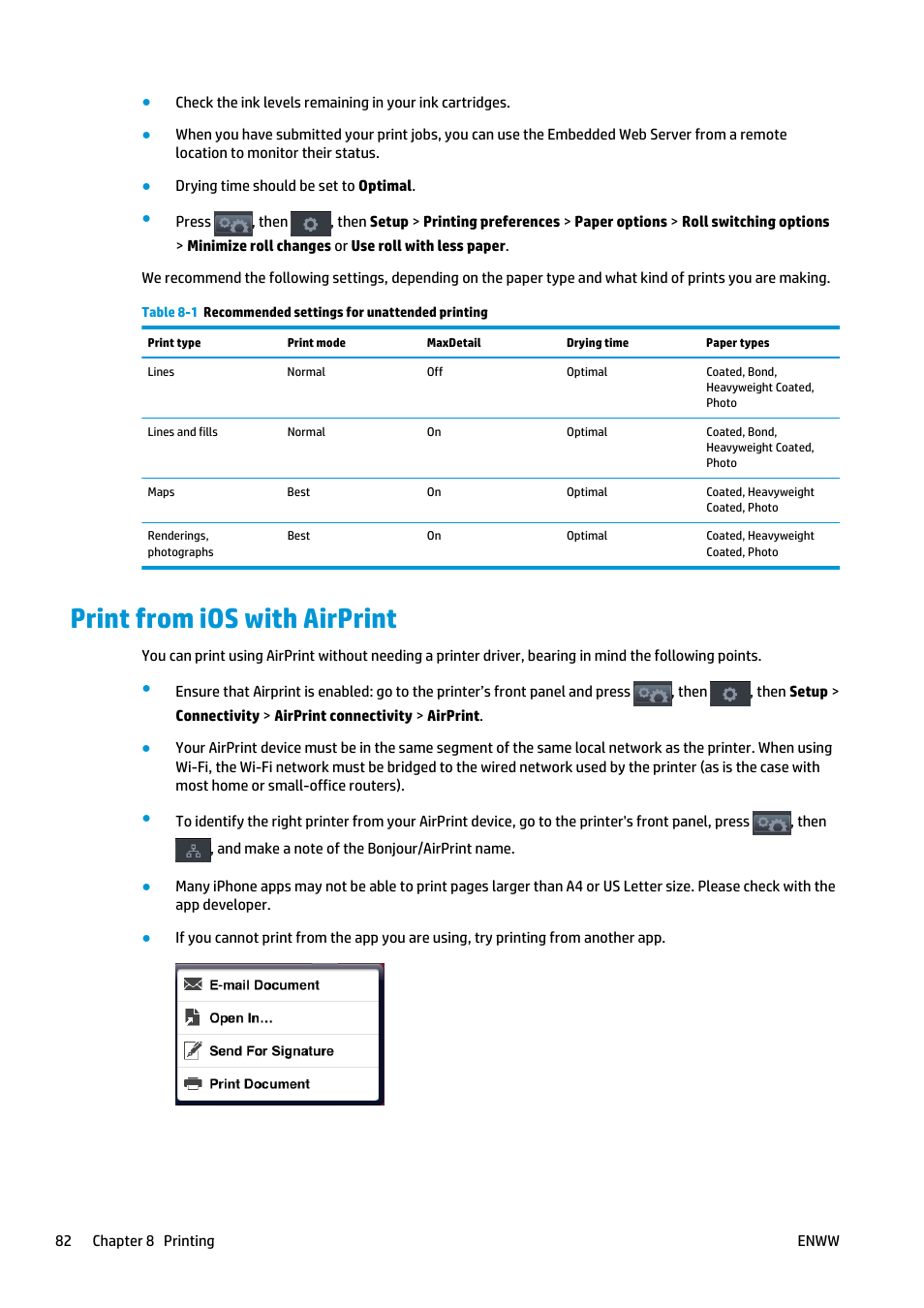 Print from ios with airprint | HP Designjet T2500 eMultifunction Printer series User Manual | Page 92 / 263