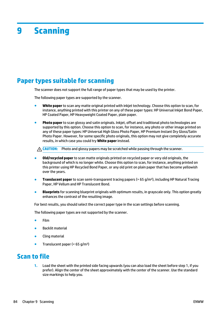 Scanning, Paper types suitable for scanning, Scan to file | 9 scanning, Paper types suitable for scanning scan to file, 9scanning | HP Designjet T2500 eMultifunction Printer series User Manual | Page 94 / 263