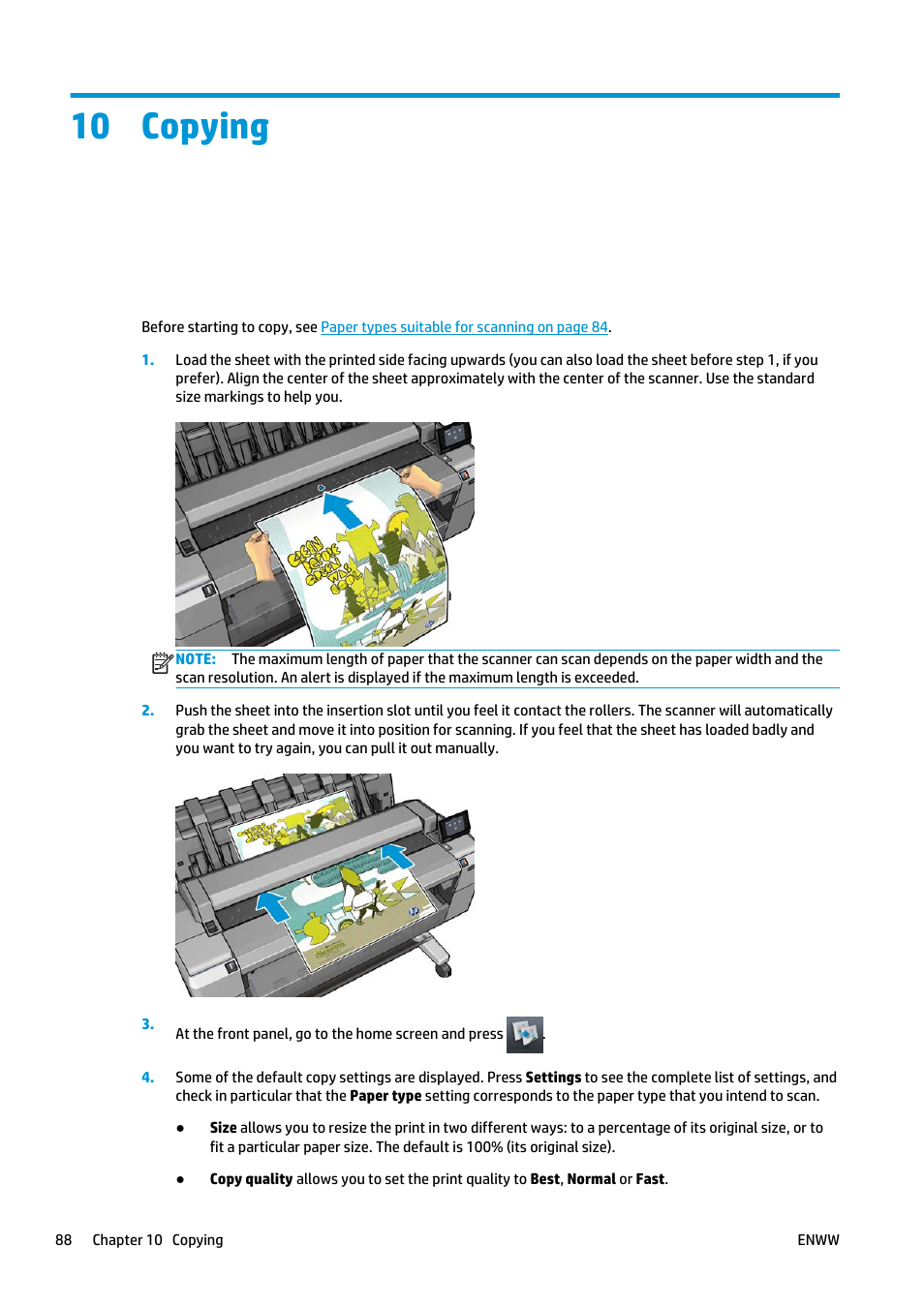 Copying, 10 copying | HP Designjet T2500 eMultifunction Printer series User Manual | Page 98 / 263