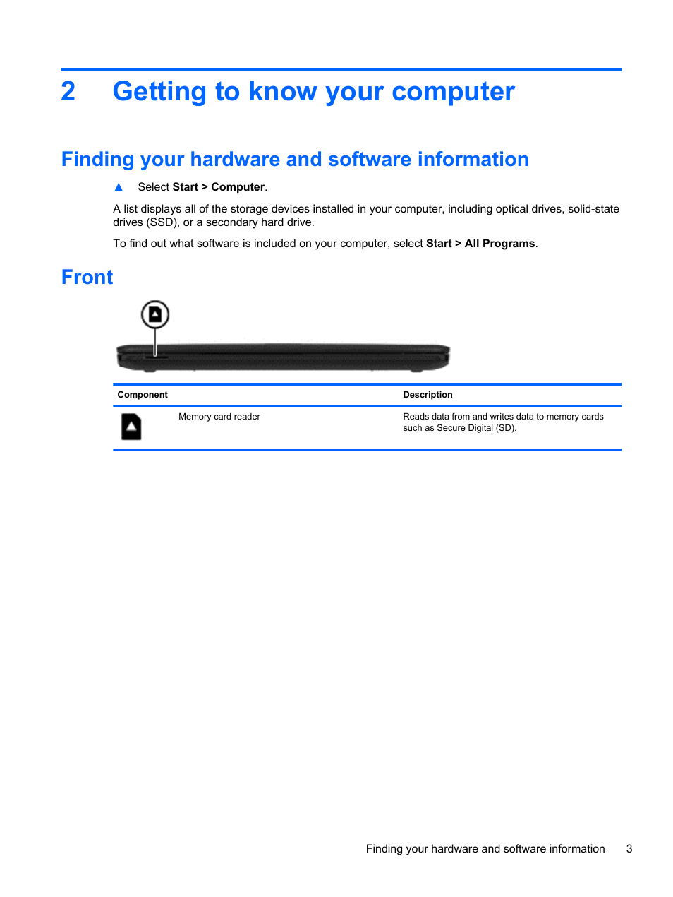 Getting to know your computer, Finding your hardware and software information, Front | 2 getting to know your computer, 2getting to know your computer | HP 250 G2 Notebook PC User Manual | Page 13 / 90