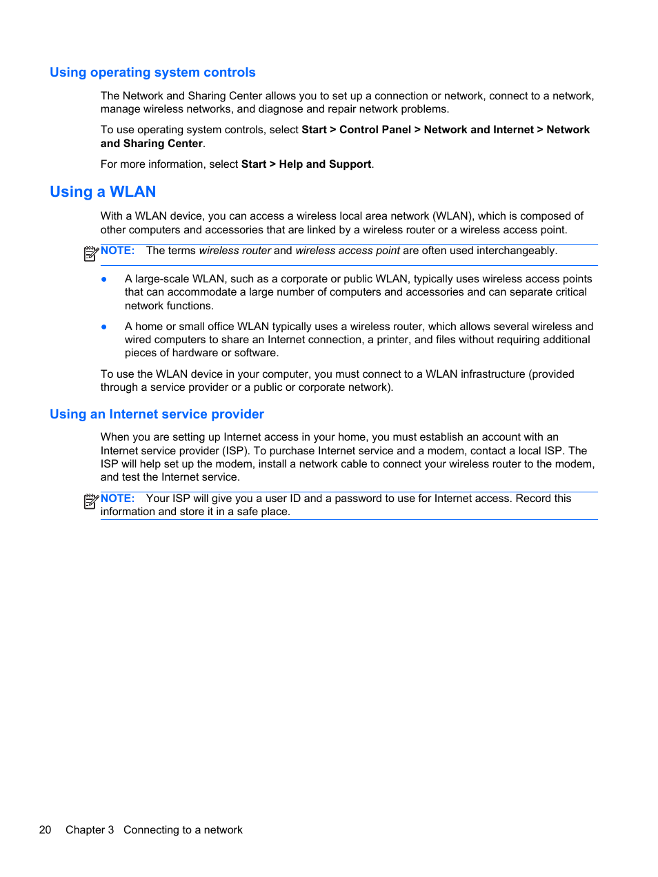 Using operating system controls, Using a wlan, Using an internet service provider | HP 250 G2 Notebook PC User Manual | Page 30 / 90