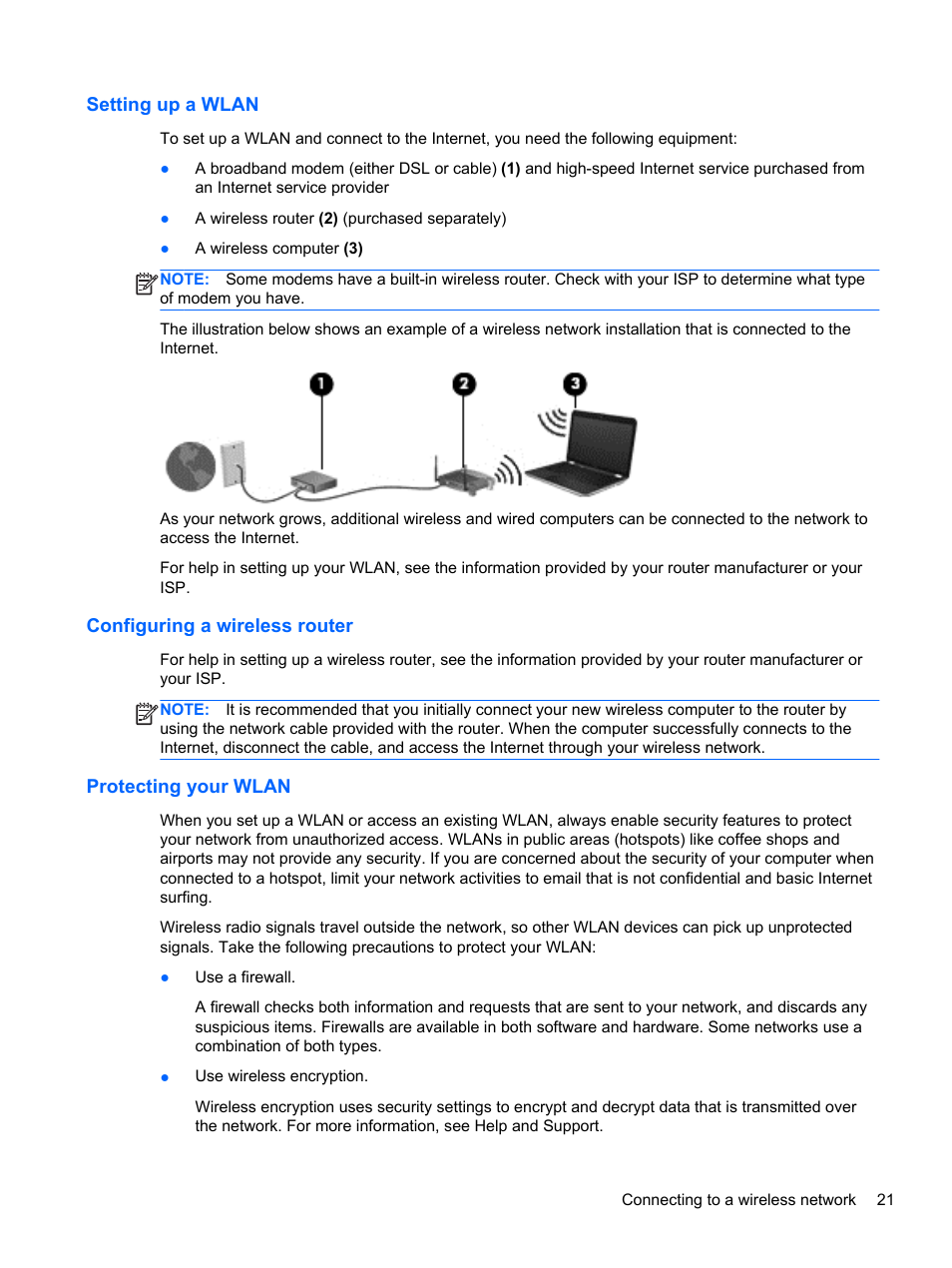 Setting up a wlan, Configuring a wireless router, Protecting your wlan | HP 250 G2 Notebook PC User Manual | Page 31 / 90