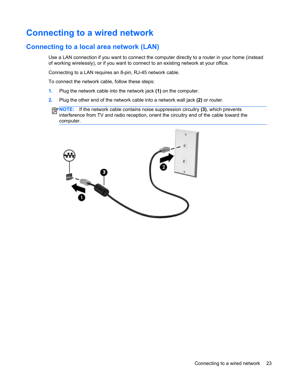 Connecting to a wired network, Connecting to a local area network (lan) | HP 250 G2 Notebook PC User Manual | Page 33 / 90