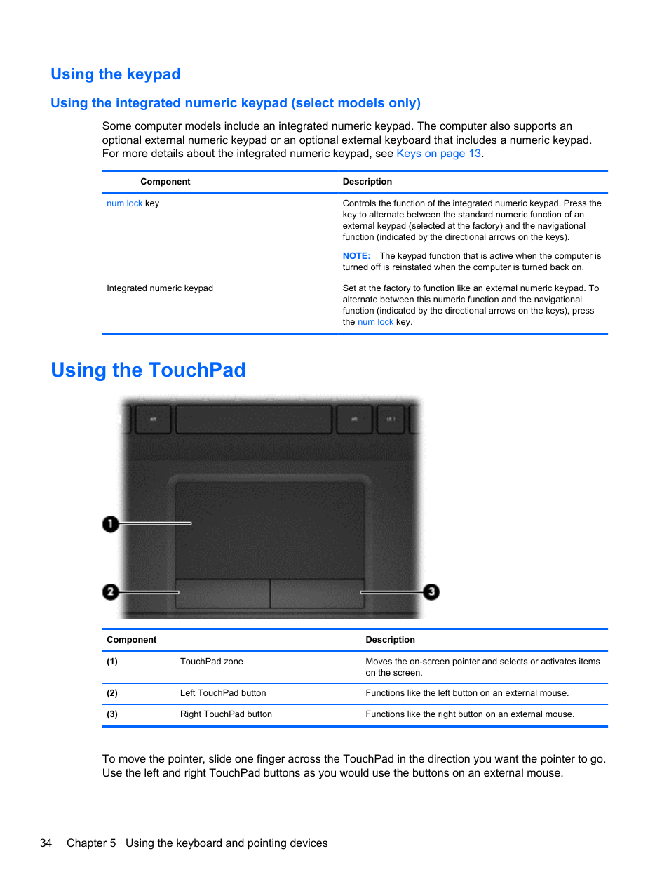 Using the keypad, Using the touchpad | HP 250 G2 Notebook PC User Manual | Page 44 / 90