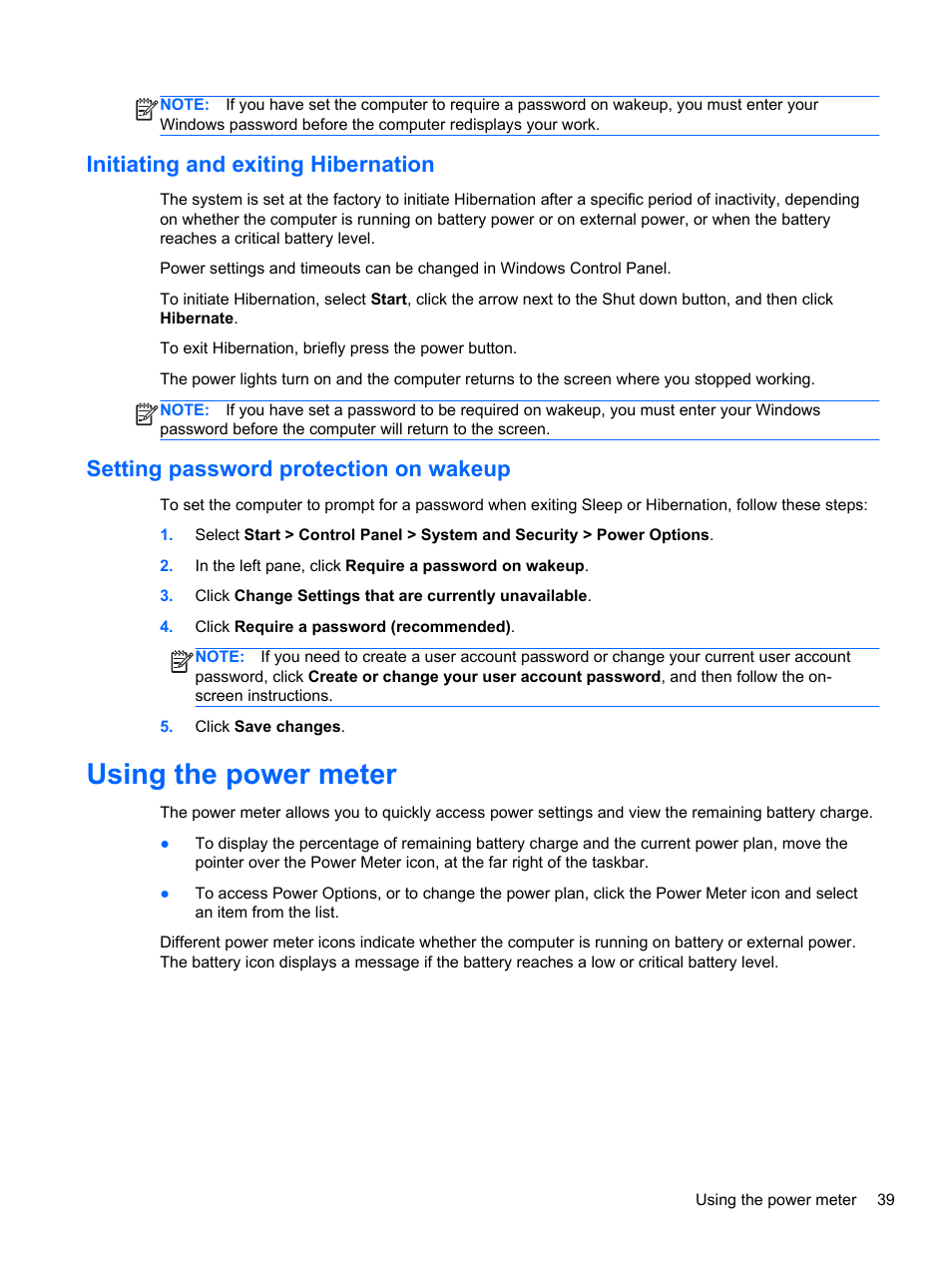 Initiating and exiting hibernation, Setting password protection on wakeup, Using the power meter | HP 250 G2 Notebook PC User Manual | Page 49 / 90