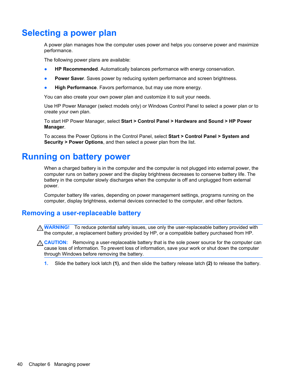 Selecting a power plan, Running on battery power, Removing a user-replaceable battery | Selecting a power plan running on battery power | HP 250 G2 Notebook PC User Manual | Page 50 / 90