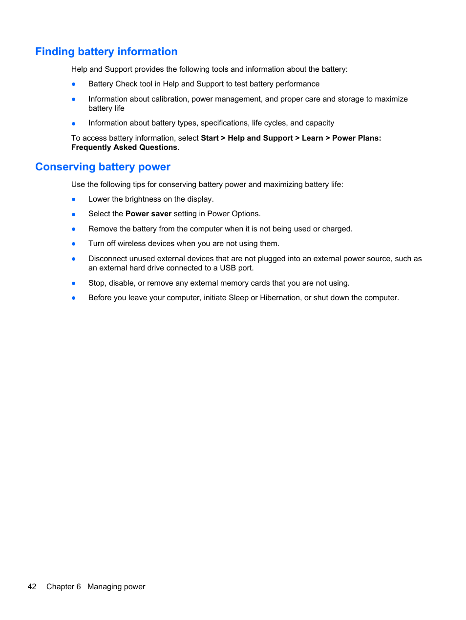 Finding battery information, Conserving battery power | HP 250 G2 Notebook PC User Manual | Page 52 / 90