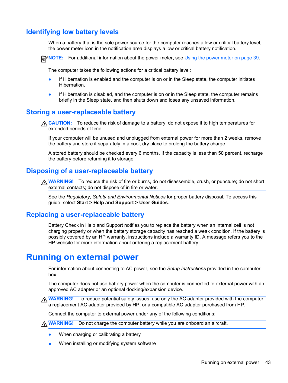 Identifying low battery levels, Storing a user-replaceable battery, Disposing of a user-replaceable battery | Replacing a user-replaceable battery, Running on external power | HP 250 G2 Notebook PC User Manual | Page 53 / 90