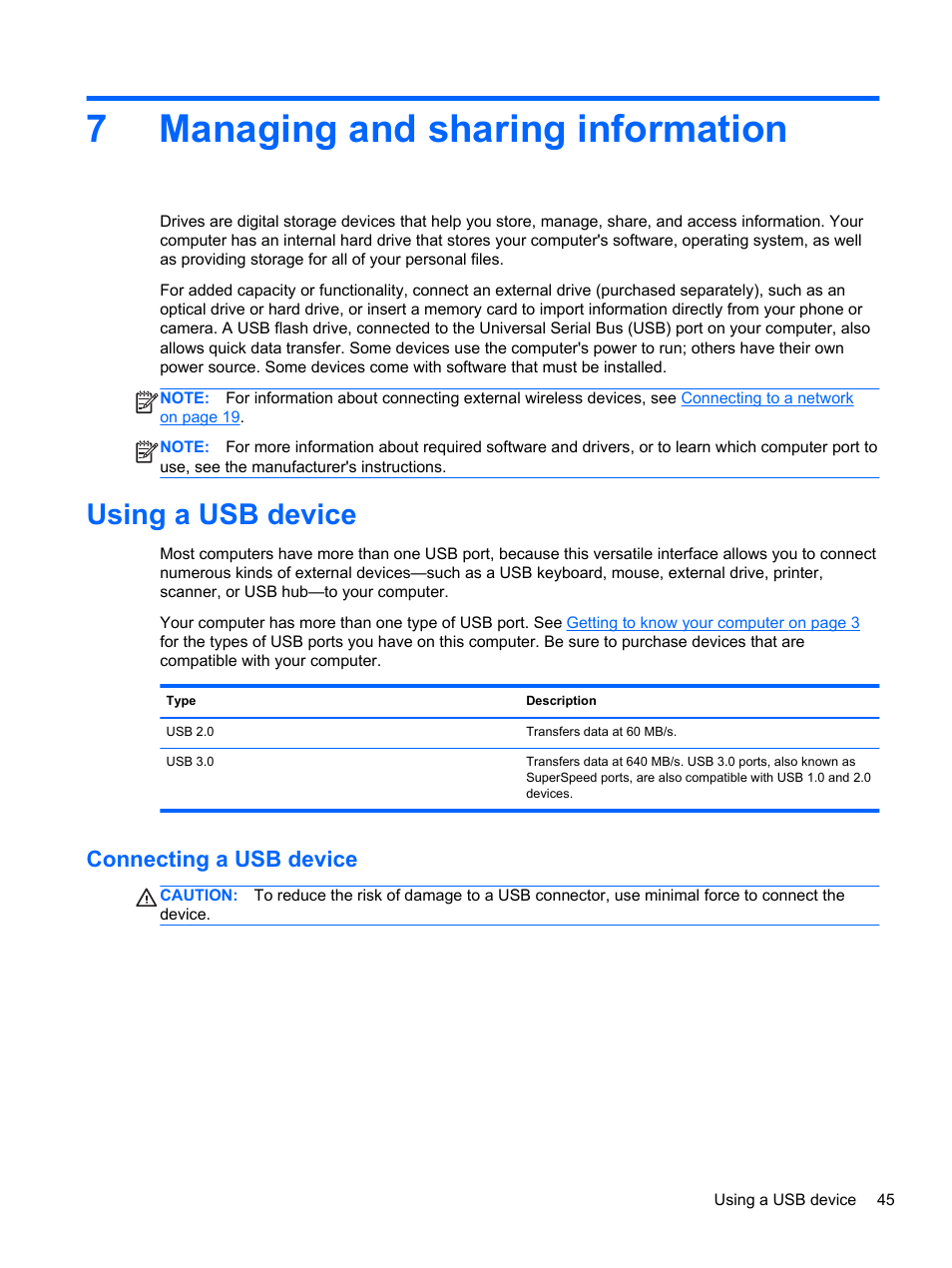 Managing and sharing information, Using a usb device, Connecting a usb device | 7 managing and sharing information, 7managing and sharing information | HP 250 G2 Notebook PC User Manual | Page 55 / 90