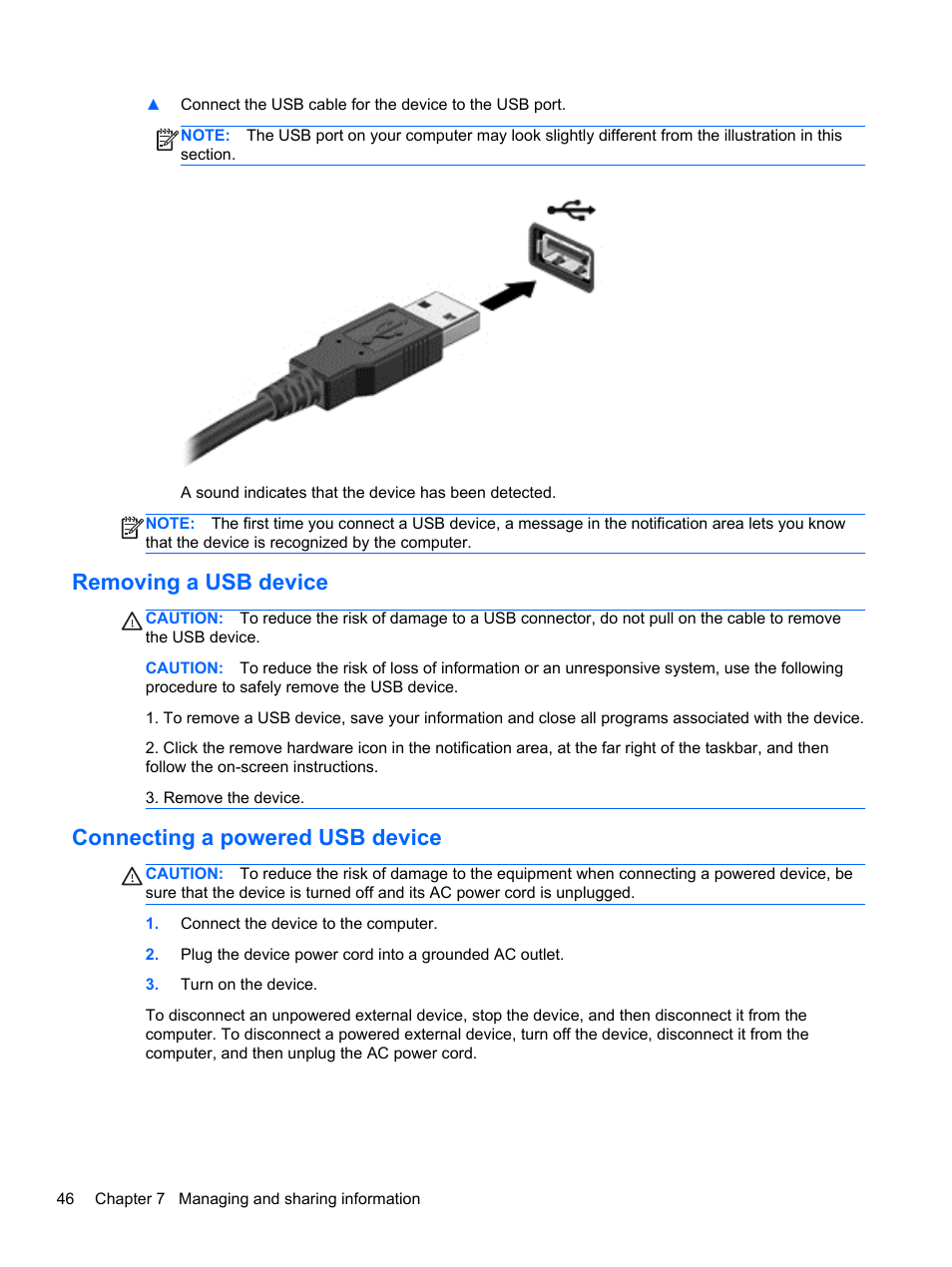 Removing a usb device, Connecting a powered usb device | HP 250 G2 Notebook PC User Manual | Page 56 / 90