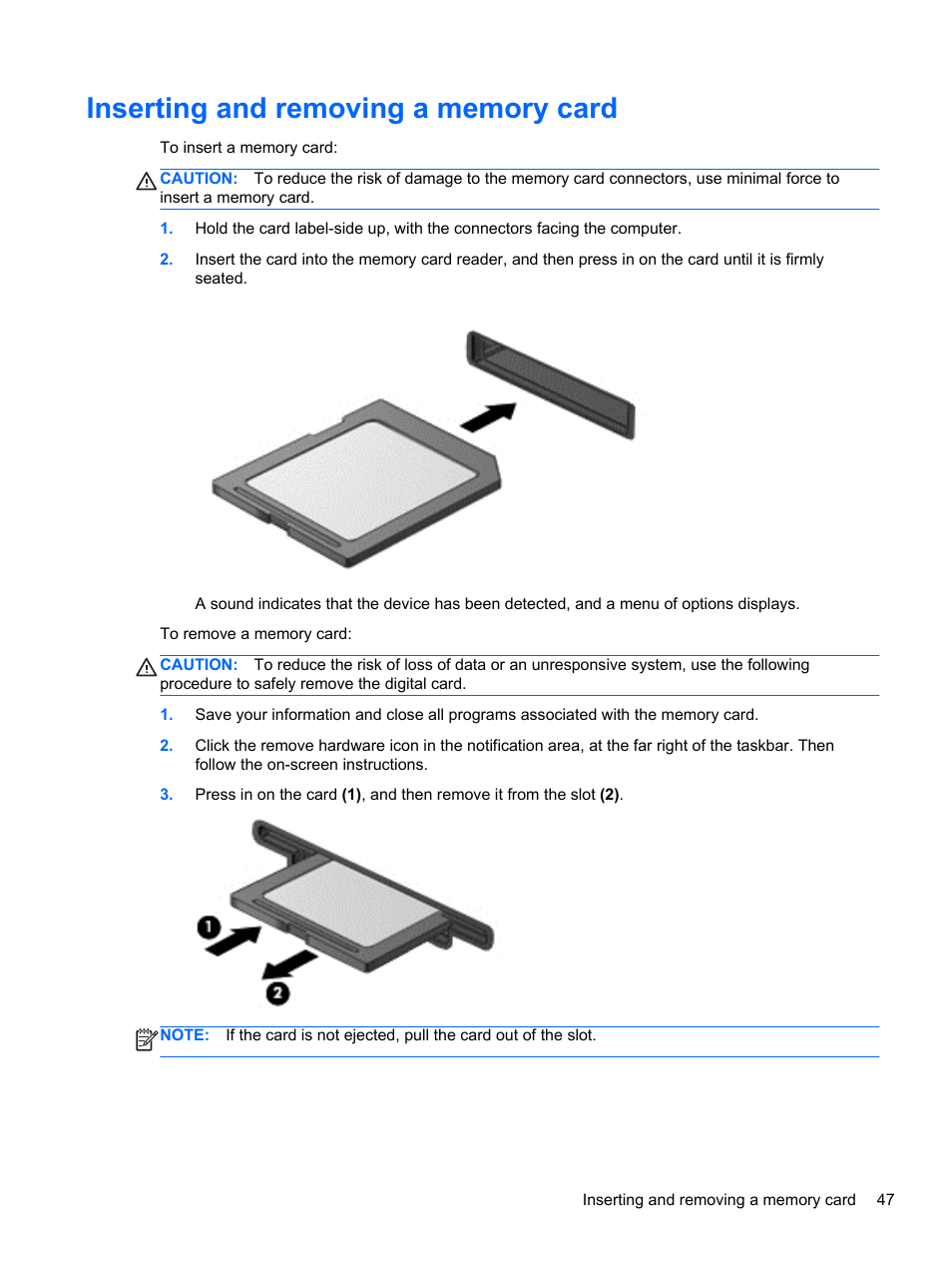 Inserting and removing a memory card | HP 250 G2 Notebook PC User Manual | Page 57 / 90