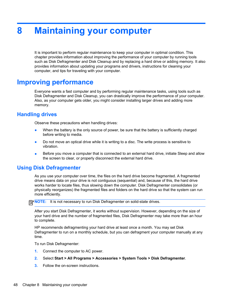 Maintaining your computer, Improving performance, Handling drives | Using disk defragmenter, 8 maintaining your computer, Handling drives using disk defragmenter, 8maintaining your computer | HP 250 G2 Notebook PC User Manual | Page 58 / 90