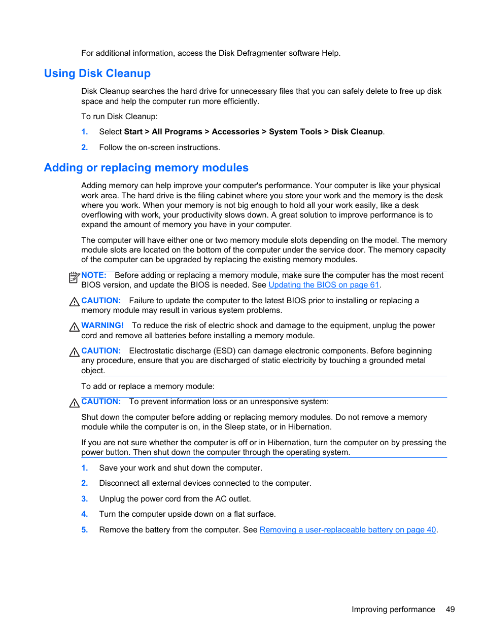 Using disk cleanup, Adding or replacing memory modules | HP 250 G2 Notebook PC User Manual | Page 59 / 90