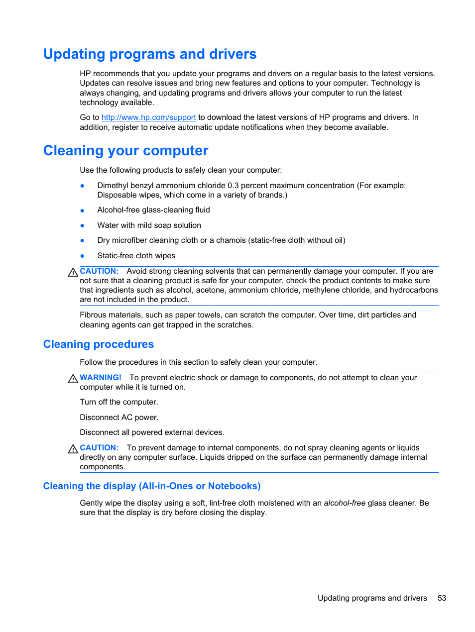 Updating programs and drivers, Cleaning your computer, Cleaning procedures | Cleaning the display (all-in-ones or notebooks) | HP 250 G2 Notebook PC User Manual | Page 63 / 90