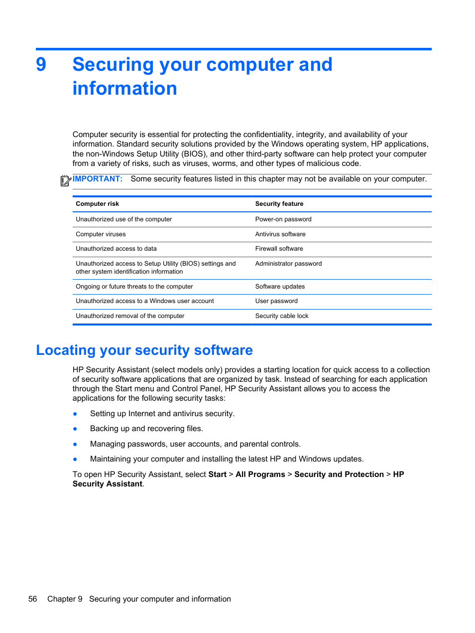 Securing your computer and information, Locating your security software, 9 securing your computer and information | 9securing your computer and information | HP 250 G2 Notebook PC User Manual | Page 66 / 90