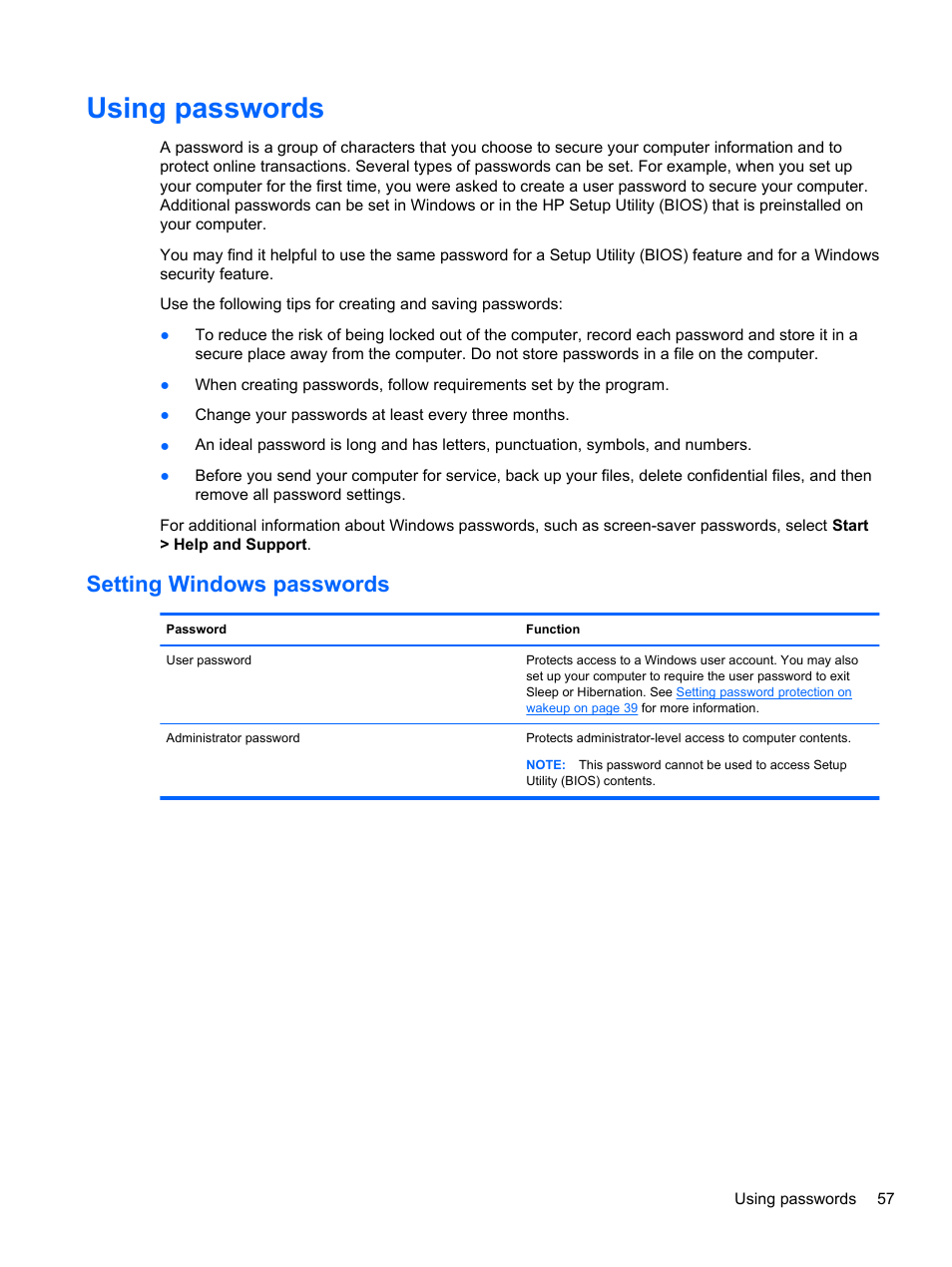 Using passwords, Setting windows passwords | HP 250 G2 Notebook PC User Manual | Page 67 / 90