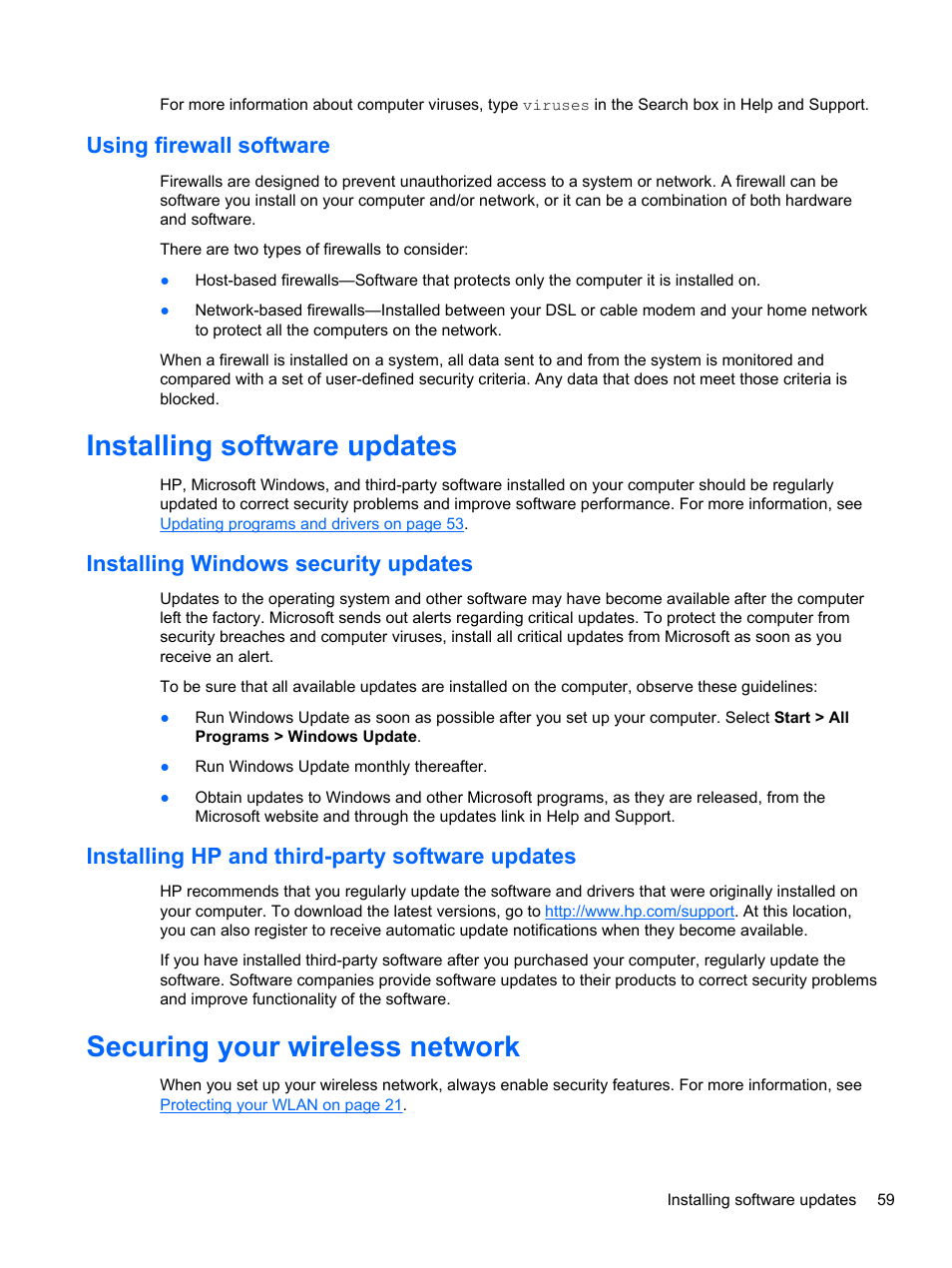 Using firewall software, Installing software updates, Installing windows security updates | Installing hp and third-party software updates, Securing your wireless network | HP 250 G2 Notebook PC User Manual | Page 69 / 90