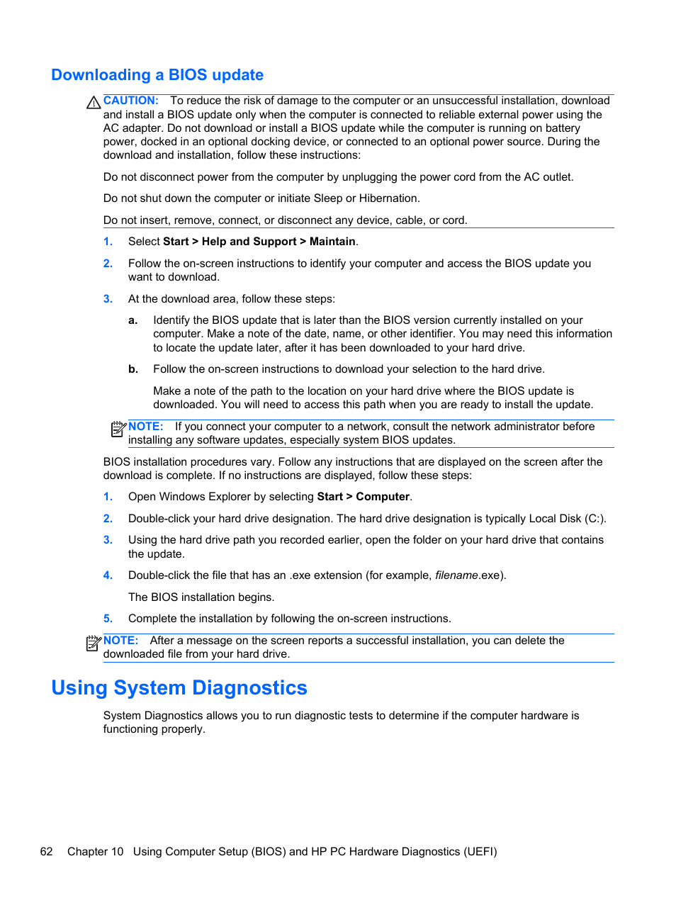 Downloading a bios update, Using system diagnostics | HP 250 G2 Notebook PC User Manual | Page 72 / 90