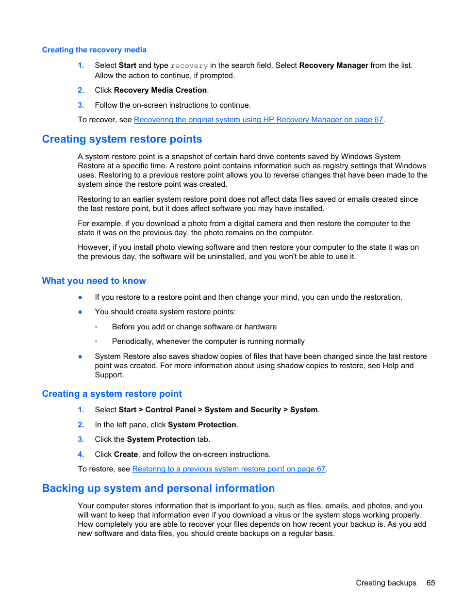 Creating the recovery media, Creating system restore points, What you need to know | Creating a system restore point, Backing up system and personal information | HP 250 G2 Notebook PC User Manual | Page 75 / 90