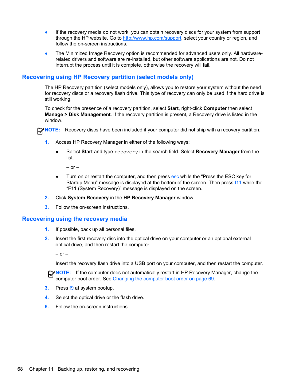 Recovering using the recovery media | HP 250 G2 Notebook PC User Manual | Page 78 / 90