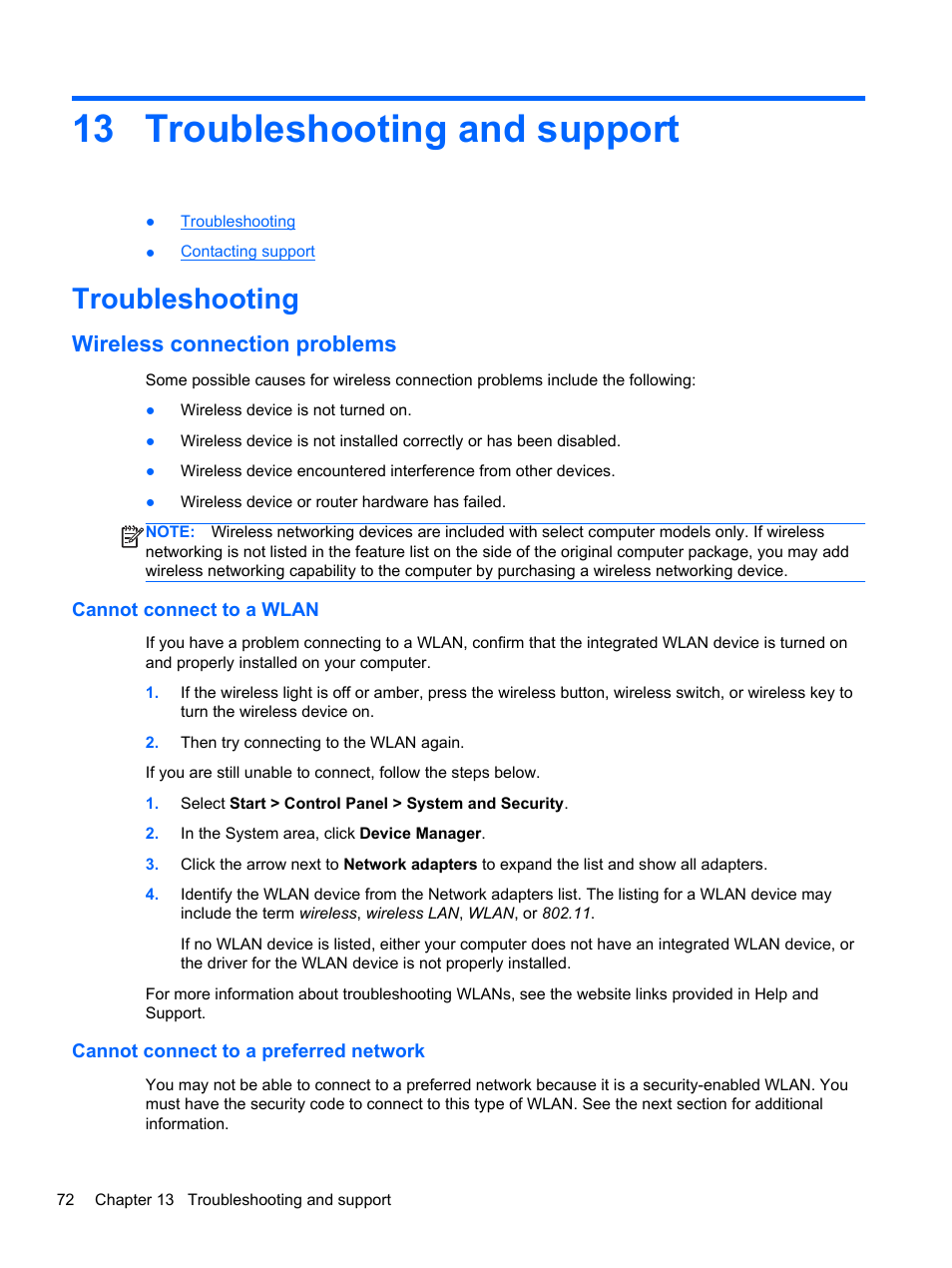 Troubleshooting and support, Troubleshooting, Wireless connection problems | Cannot connect to a wlan, Cannot connect to a preferred network, 13 troubleshooting and support | HP 250 G2 Notebook PC User Manual | Page 82 / 90