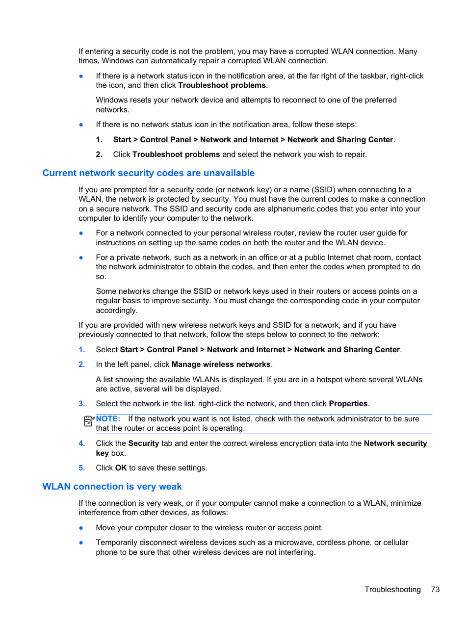 Current network security codes are unavailable, Wlan connection is very weak | HP 250 G2 Notebook PC User Manual | Page 83 / 90