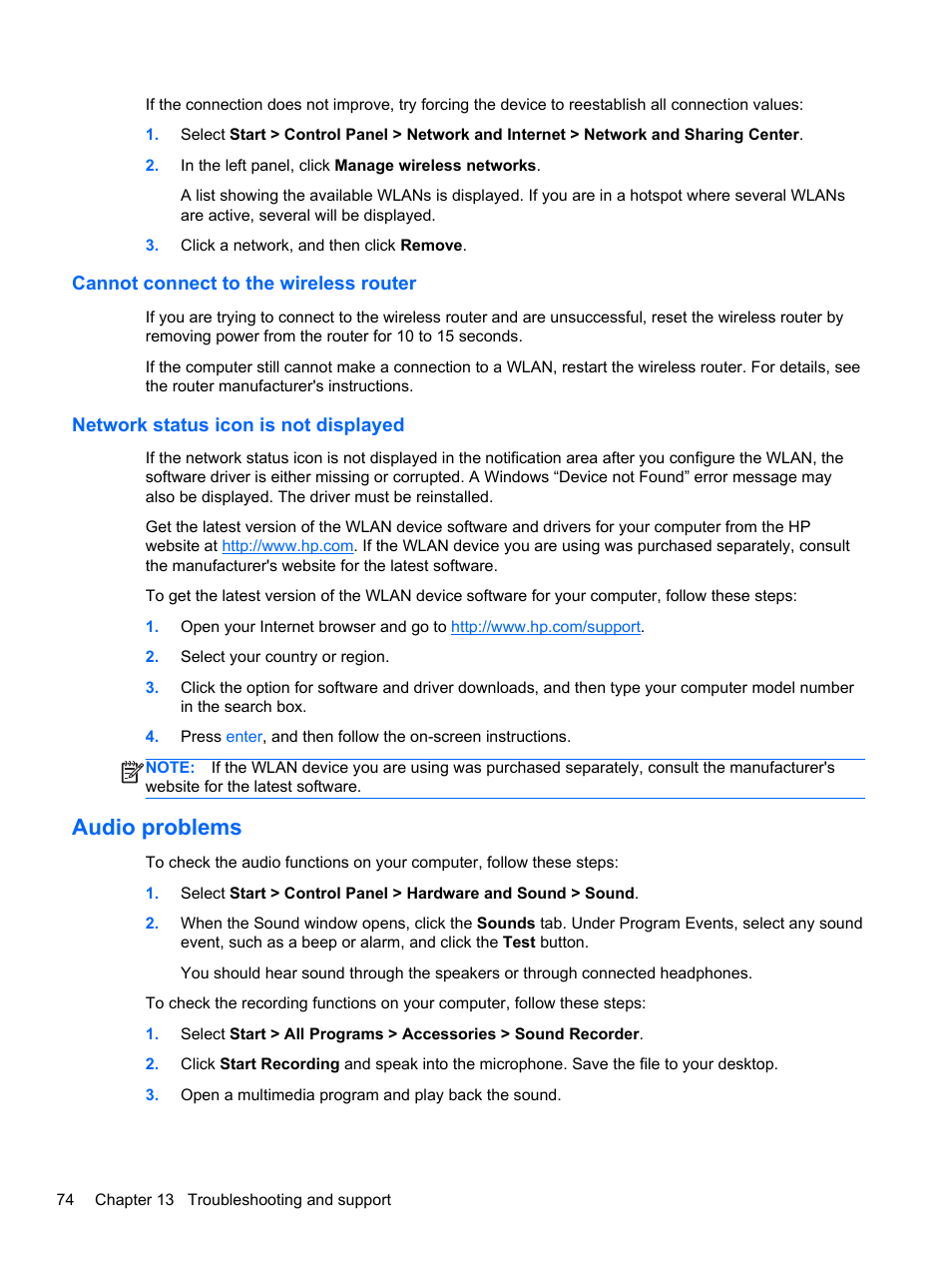 Cannot connect to the wireless router, Network status icon is not displayed, Audio problems | HP 250 G2 Notebook PC User Manual | Page 84 / 90