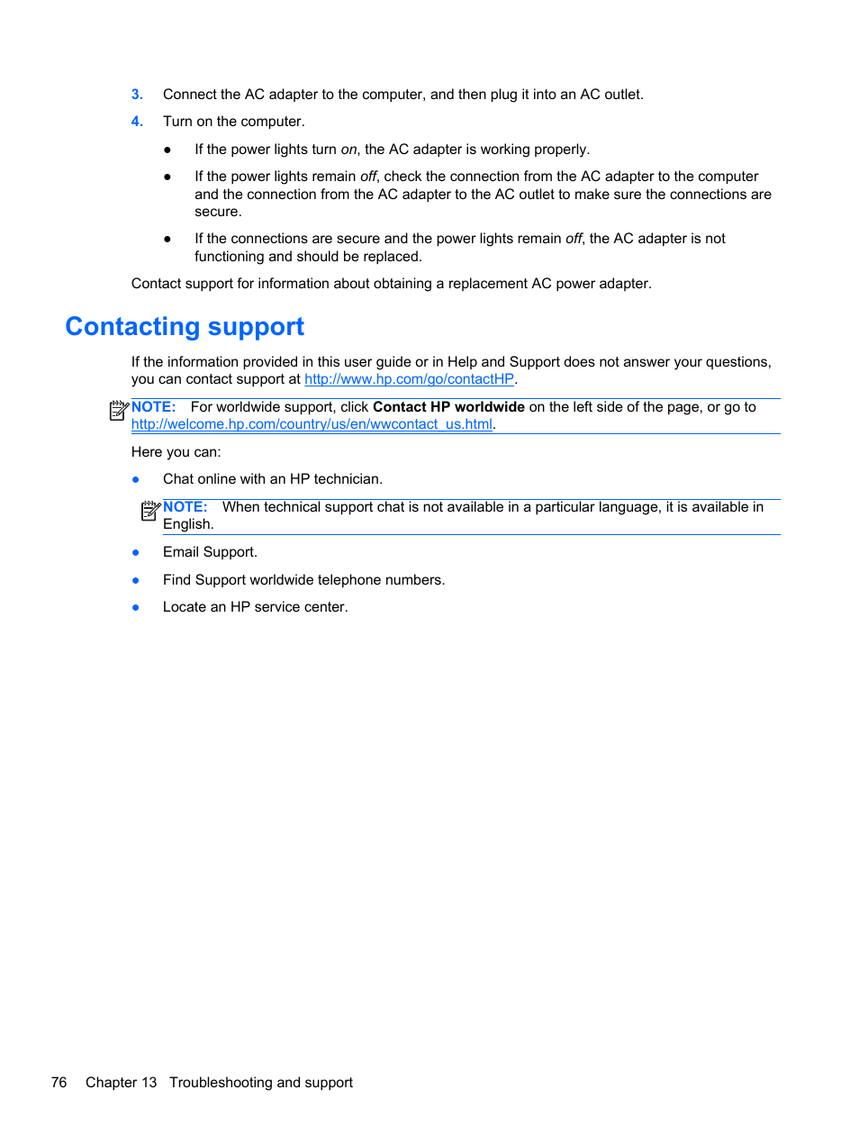 Contacting support | HP 250 G2 Notebook PC User Manual | Page 86 / 90