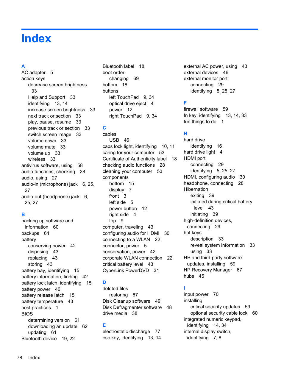 Index | HP 250 G2 Notebook PC User Manual | Page 88 / 90