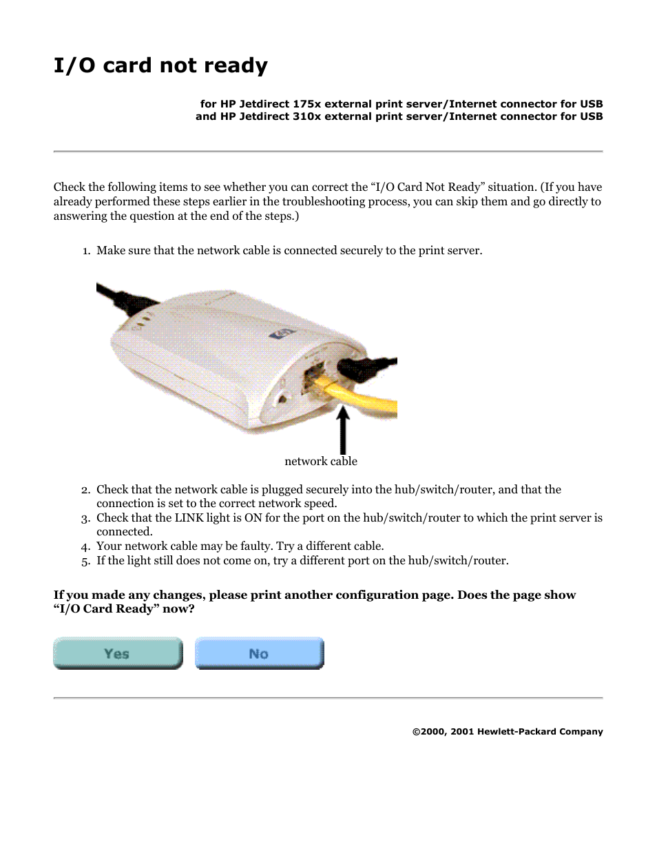 175x, 310x troubleshooting: i/o not ready, I/o card not ready | HP Jetdirect 175x Print Server series User Manual | Page 104 / 142