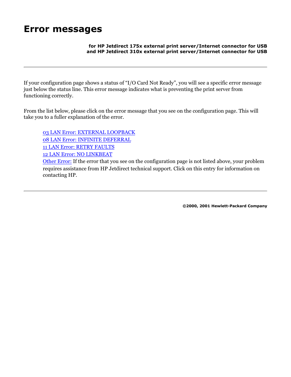 175x, 310x troubleshooting: error messages, Error messages, 03 lan error: external loopback | 08 lan error: infinite deferral, 11 lan error: retry faults, 12 lan error: no linkbeat | HP Jetdirect 175x Print Server series User Manual | Page 105 / 142