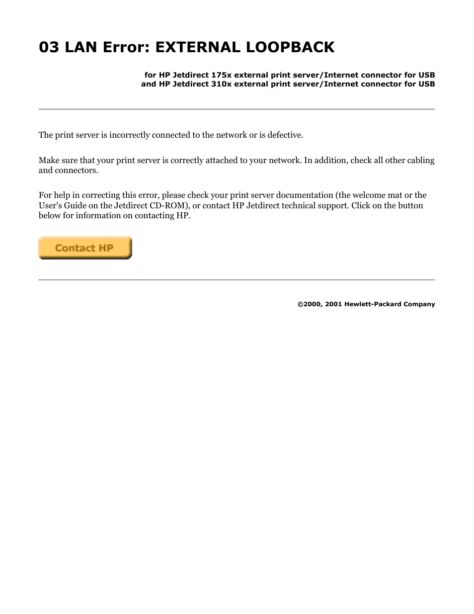 175x, 310x troubleshooting: 03 lan error, 03 lan error: external loopback | HP Jetdirect 175x Print Server series User Manual | Page 106 / 142