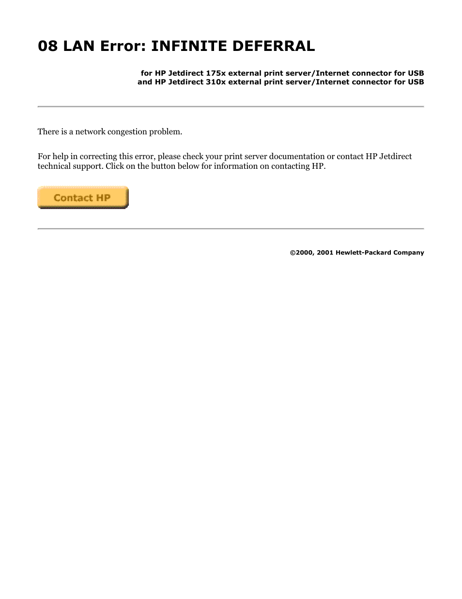 175x, 310x troubleshooting: 08 lan error, 08 lan error: infinite deferral | HP Jetdirect 175x Print Server series User Manual | Page 107 / 142