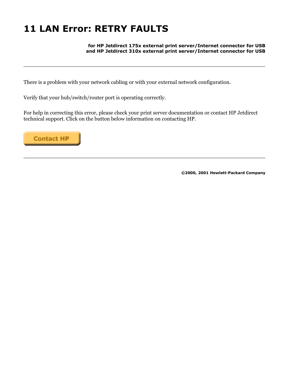 175x, 310x troubleshooting: 11 lan error, 11 lan error: retry faults | HP Jetdirect 175x Print Server series User Manual | Page 108 / 142