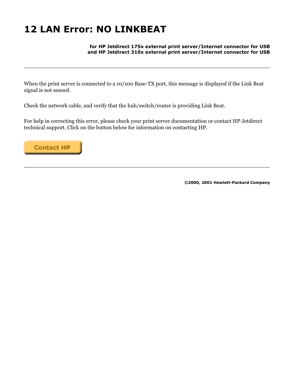 175x, 310x troubleshooting: 12 lan error, 12 lan error: no linkbeat | HP Jetdirect 175x Print Server series User Manual | Page 109 / 142