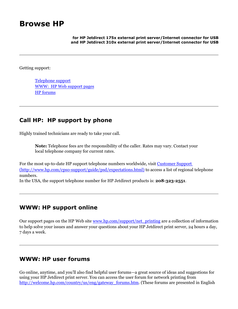 175x, 310x troubleshooting: contact hp, Contact hp, Other error | Browse hp, Call hp: hp support by phone | HP Jetdirect 175x Print Server series User Manual | Page 123 / 142