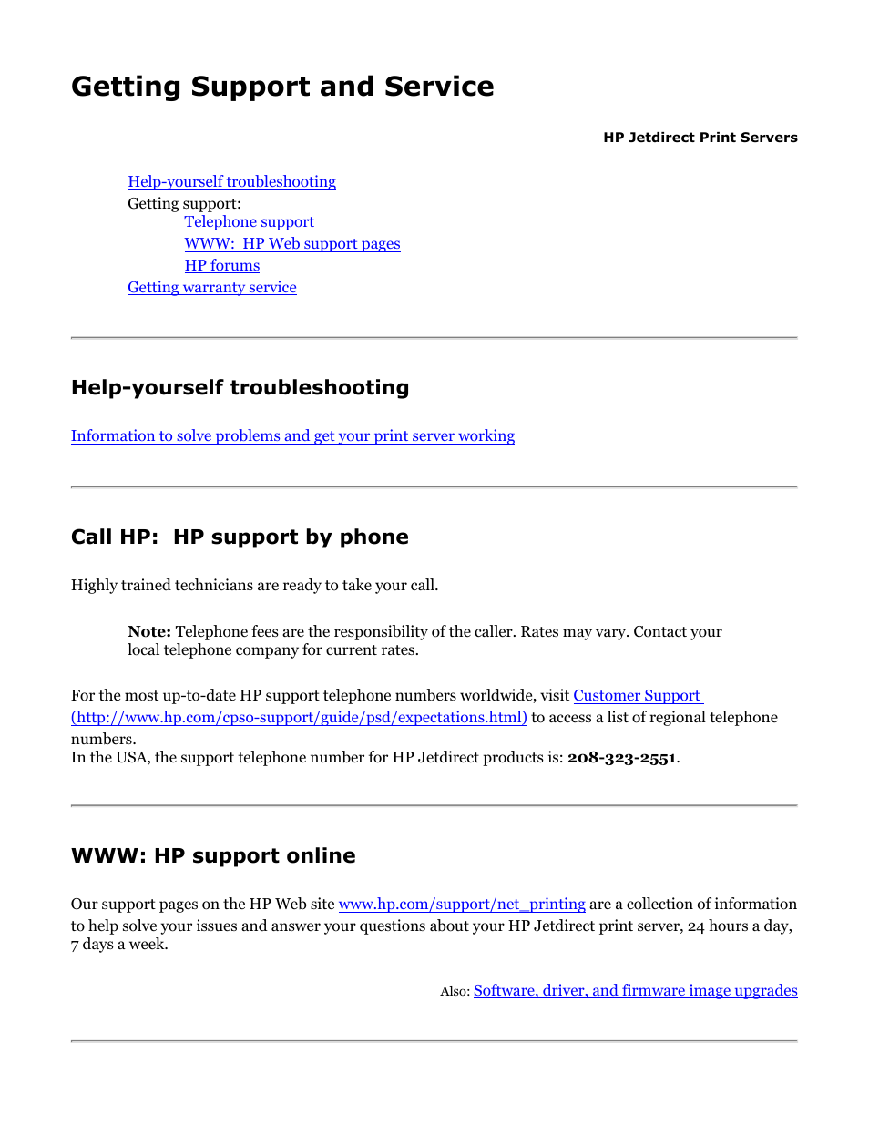 Getting support, Get support, Getting support and service | Help-yourself troubleshooting, Call hp: hp support by phone | HP Jetdirect 175x Print Server series User Manual | Page 125 / 142