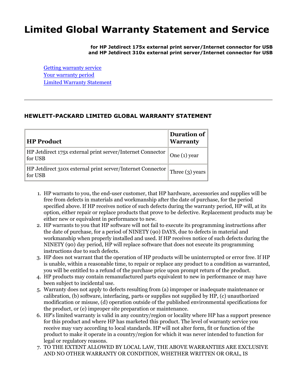 175x, 310x limited warranty, Limited warranty, Limited global warranty statement and service | HP Jetdirect 175x Print Server series User Manual | Page 128 / 142