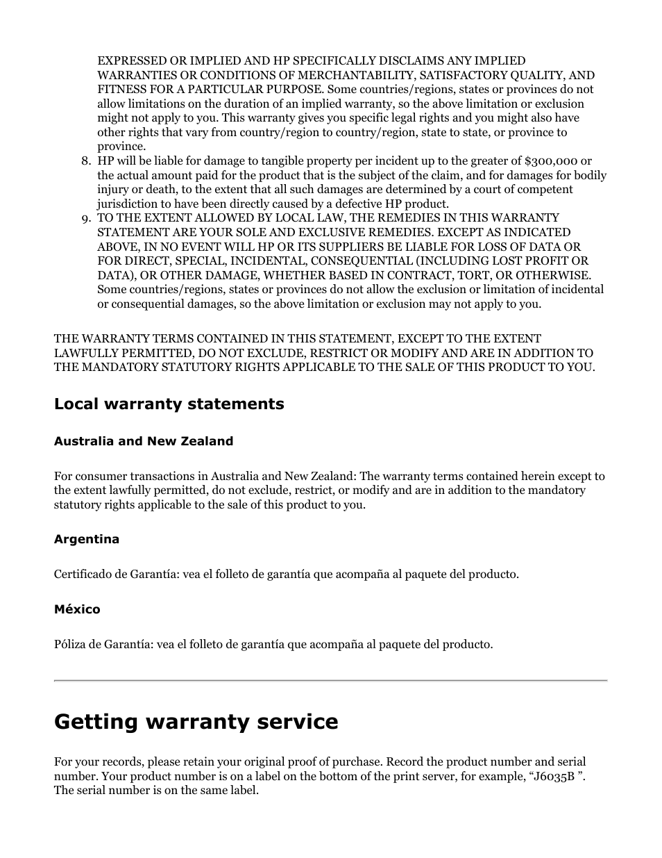 Getting warranty service, Local warranty statements | HP Jetdirect 175x Print Server series User Manual | Page 129 / 142