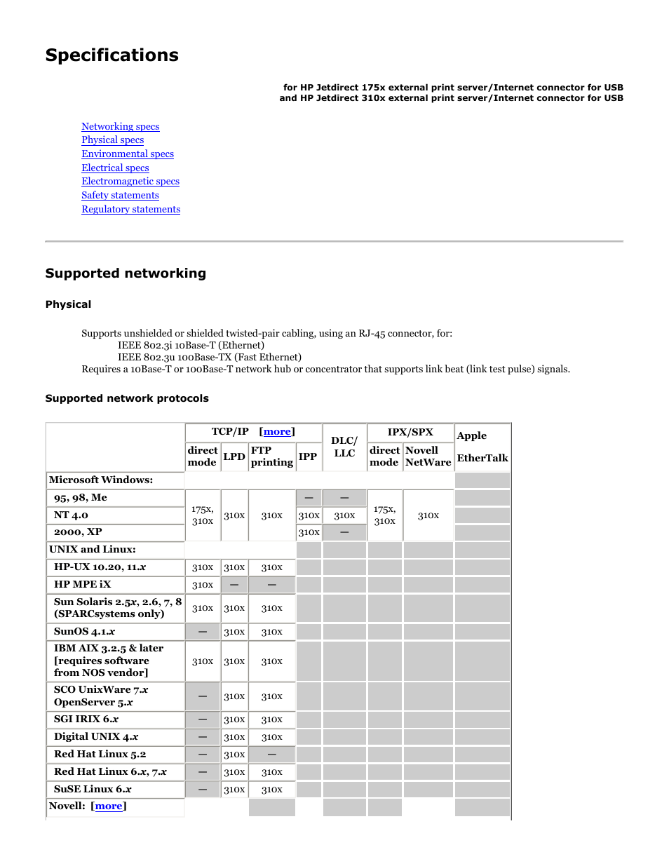 175x, 310x specifications, Specifications and regulatory statements, For the print server | Specifications, And artisoft lantastic. see the section on, Section for more details on the print servers, Supported networking | HP Jetdirect 175x Print Server series User Manual | Page 131 / 142